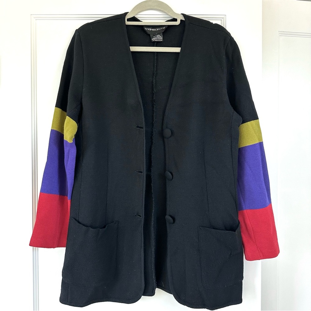 Andrea Jovine Vintage 90s Wool Laine Knit Colorblock Jacket Size Large‎ Black